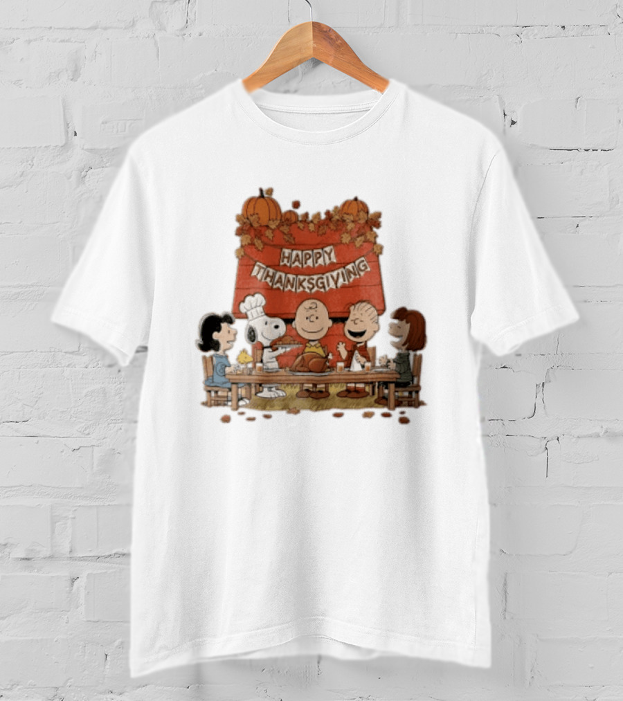 Peanuts Charlie Brown Snoopy Woodstock Lucy Linus Happy Thanksgiving Holiday Celebration T-Shirt