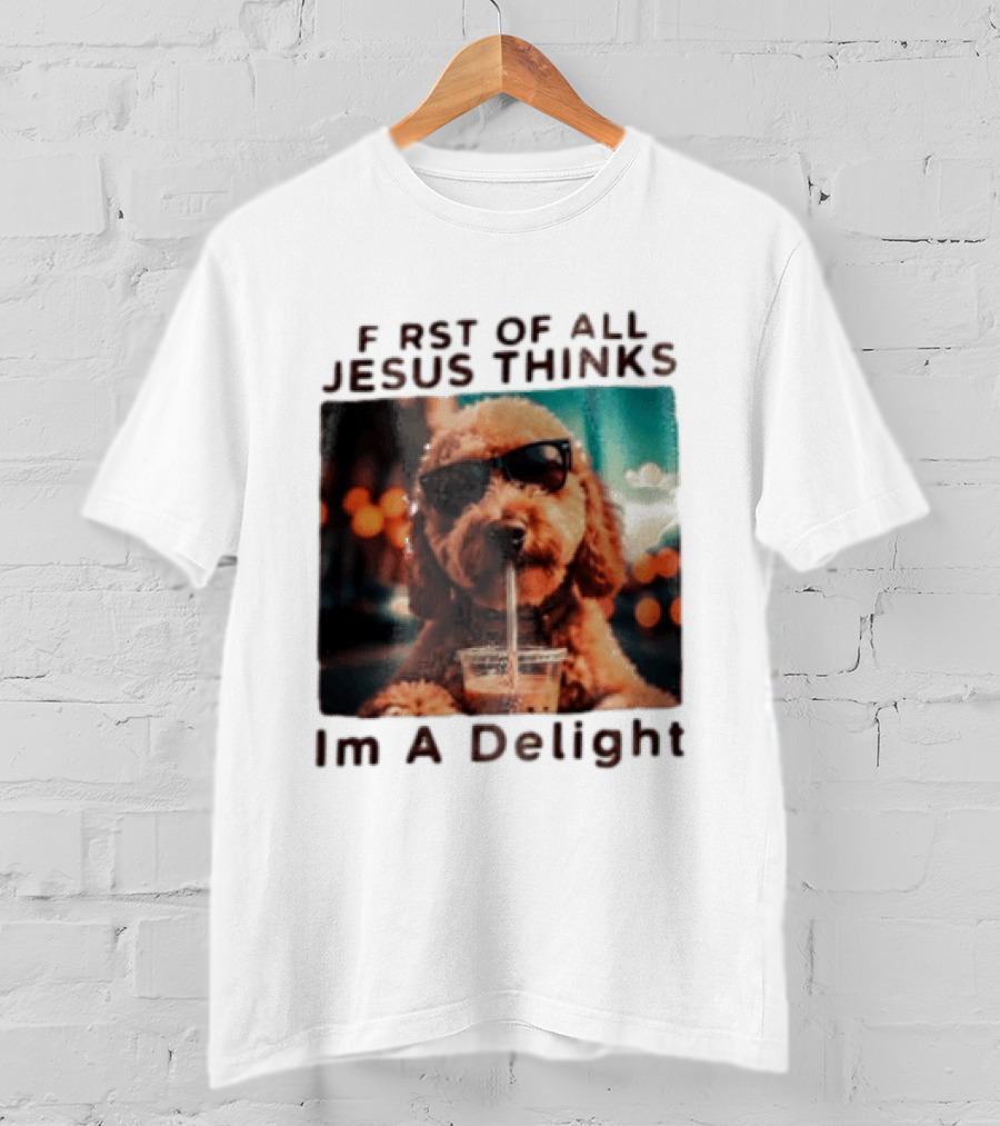 First Of All Jesus Thinks I'm A Delight Brown Poodle Sunglasses Drinking T-Shirt