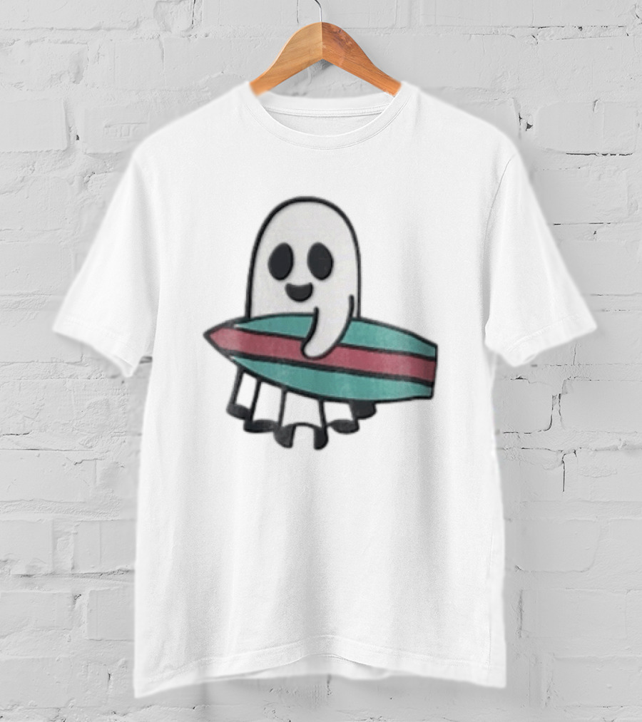 Ghost Holding Surfboard Cartoon Fun Cute Spooky Beach Vibes T-Shirt