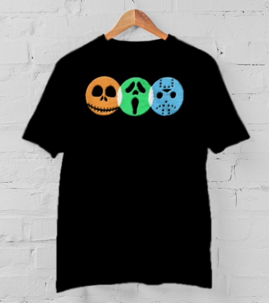 Halloween Horror Characters Colorful Circles Skulls And Masks T-Shirt