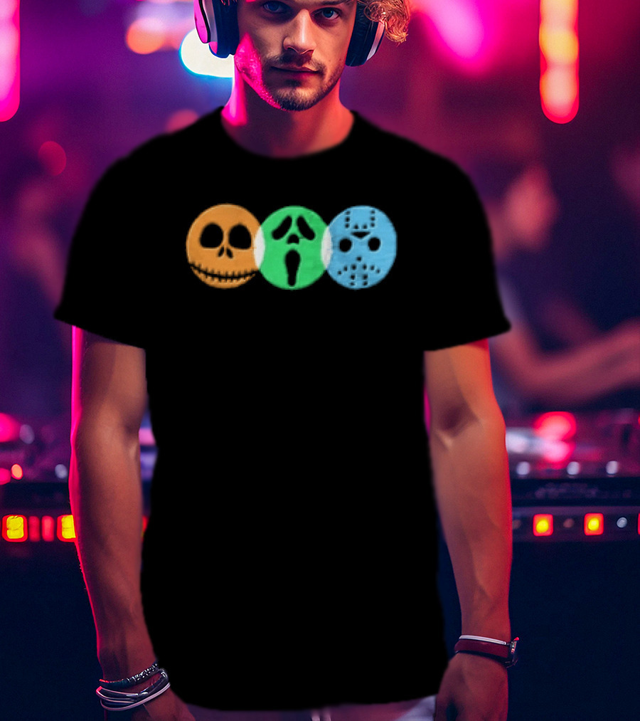 Halloween Horror Characters Colorful Circles Skulls And Masks T-Shirt
