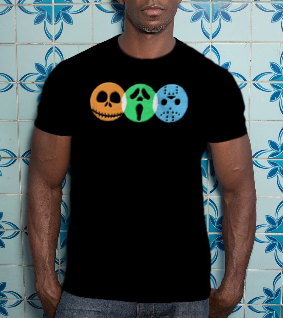 Halloween Horror Characters Colorful Circles Skulls And Masks T-Shirt