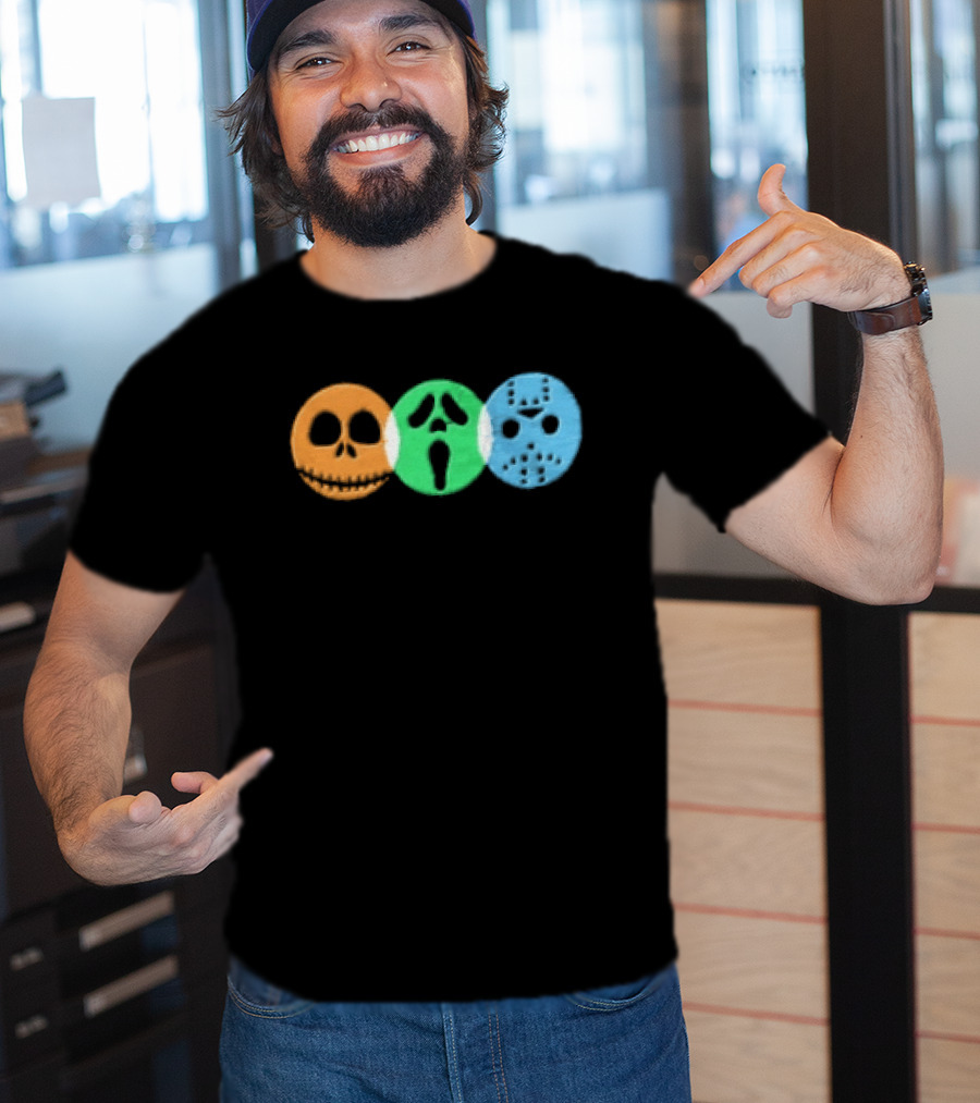 Halloween Horror Characters Colorful Circles Skulls And Masks T-Shirt