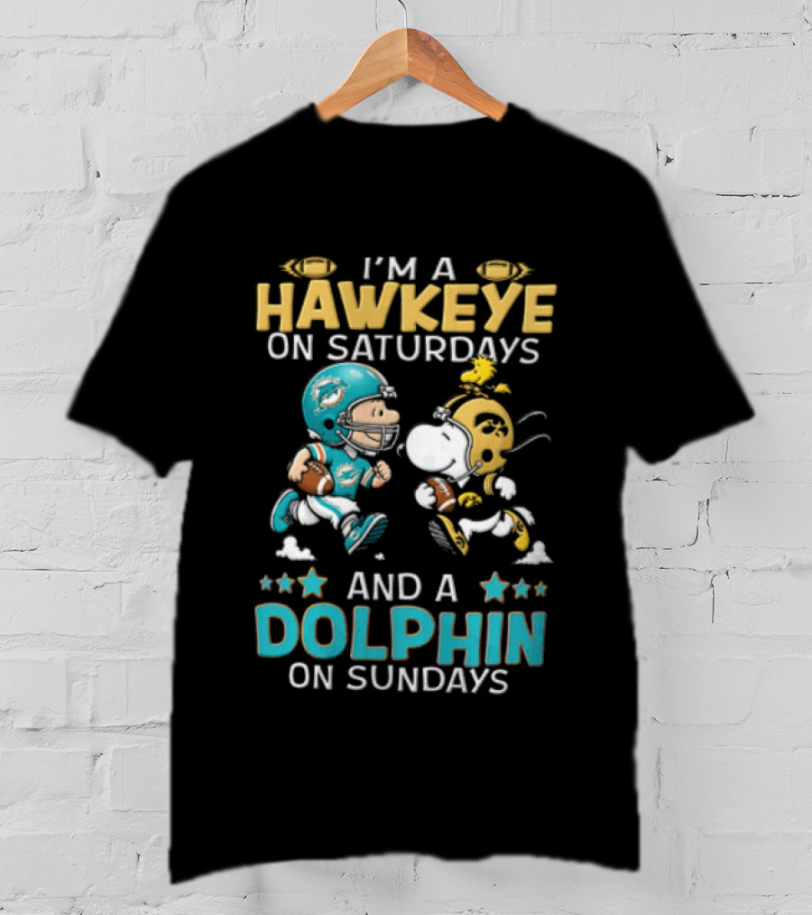 Hawkeye On Saturdays Dolphin On Sundays Charlie Brown Snoopy Woodstock Football T-Shirt