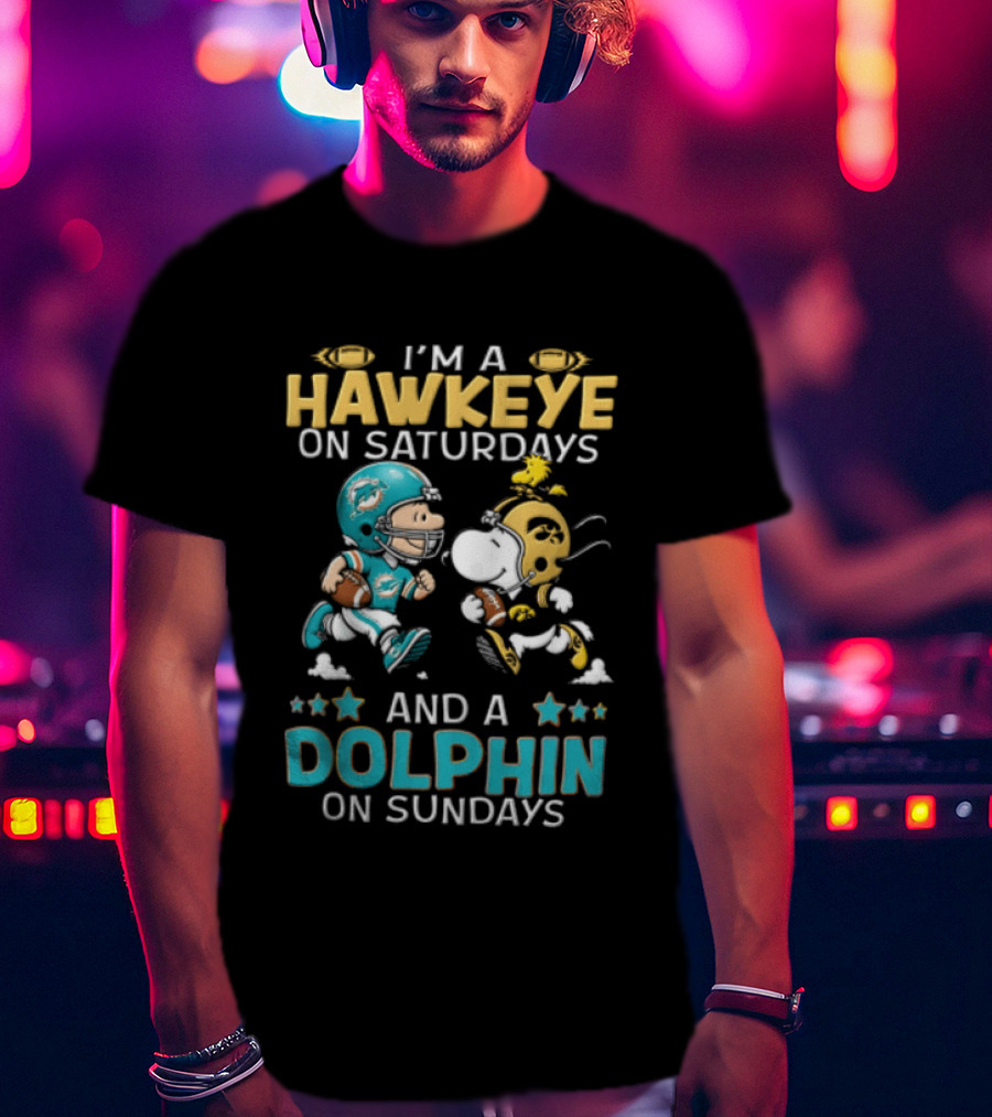 Hawkeye On Saturdays Dolphin On Sundays Charlie Brown Snoopy Woodstock Football T-Shirt