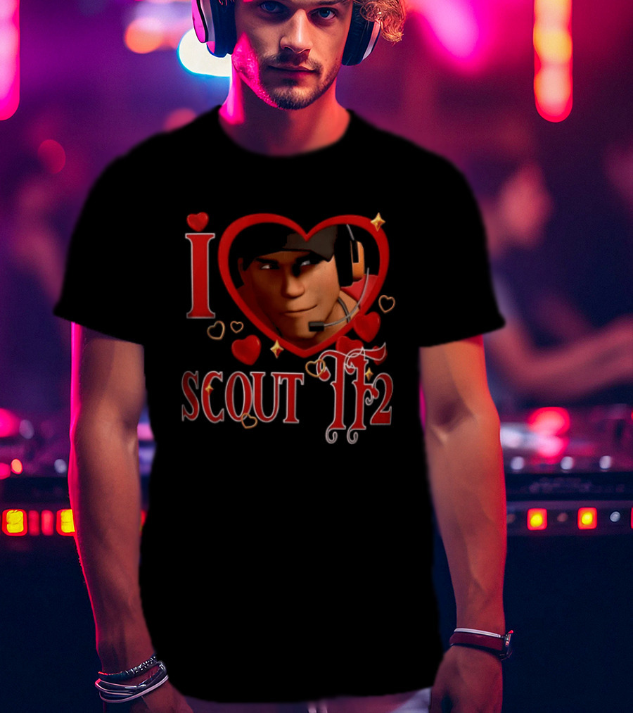 I Heart Scout TF2 Team Fortress 2 Character With Headset In Heart Shape T-Shirt