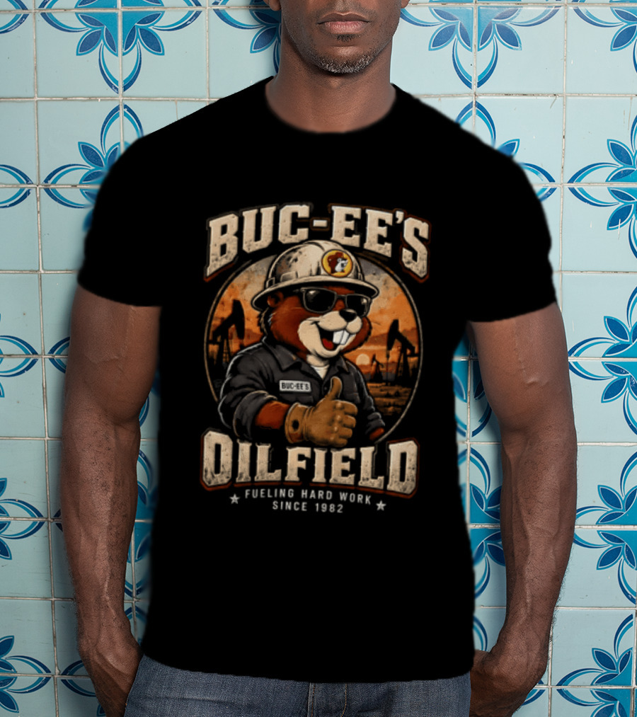 Buc Ee's Oilfield Beaver Hard Hat Sunglasses Thumbs Up Fueling Hard Work Since 1982 T-Shirt