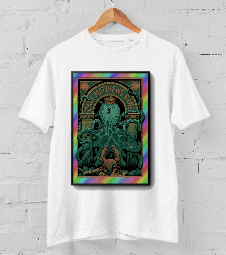 Dave Matthews Band Sept 25 2026 Ocean City MD Octopus And Crab Rainbow Border T-Shirt