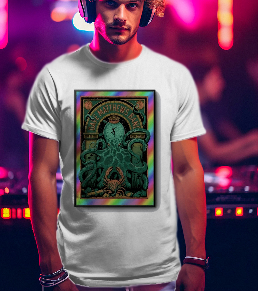 Dave Matthews Band Sept 25 2026 Ocean City MD Octopus And Crab Rainbow Border T-Shirt
