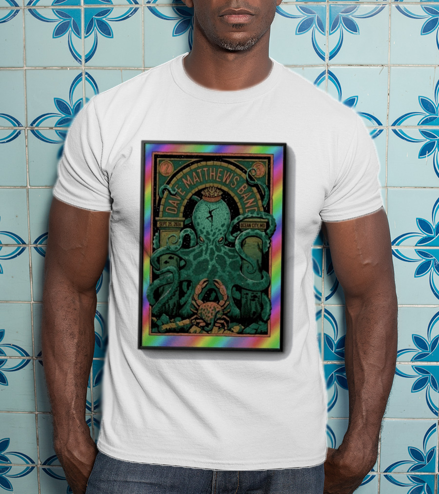 Dave Matthews Band Sept 25 2026 Ocean City MD Octopus And Crab Rainbow Border T-Shirt