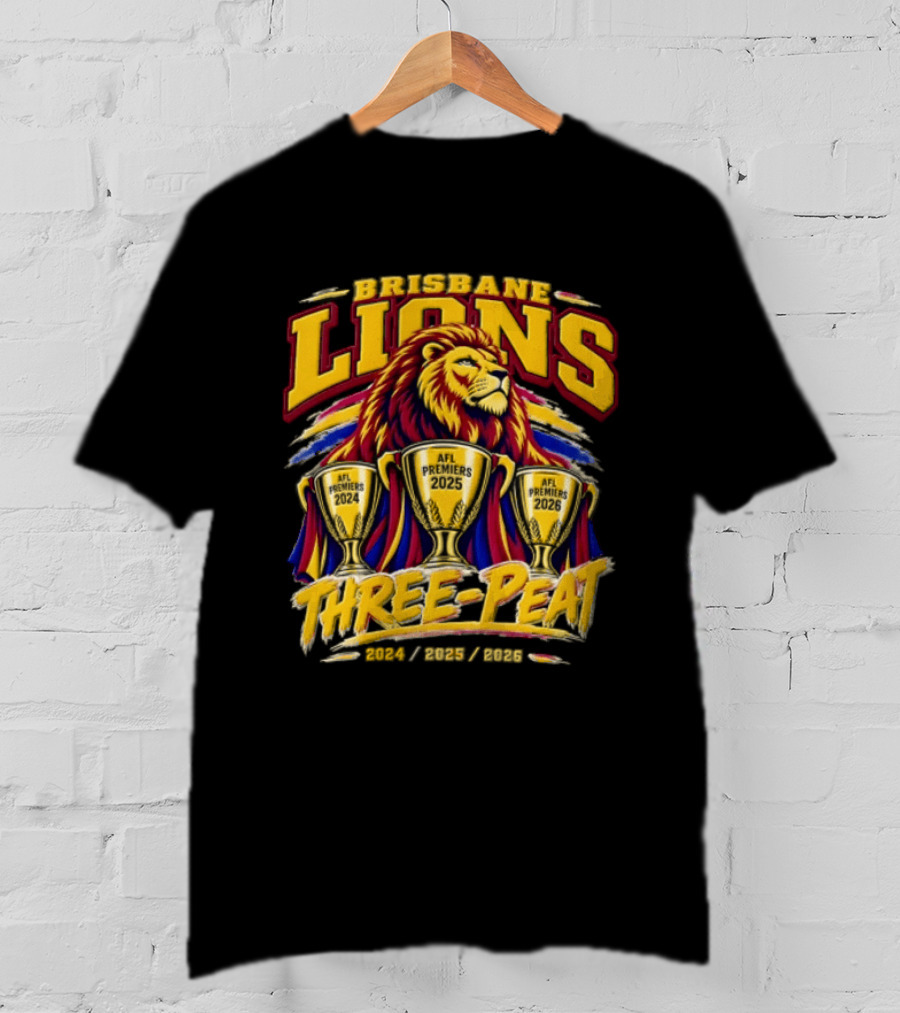 Brisbane Lions Three Peat 2024 2025 2026 Premiership Lion Trophy Celebration T-Shirt