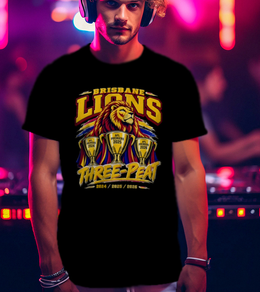 Brisbane Lions Three Peat 2024 2025 2026 Premiership Lion Trophy Celebration T-Shirt