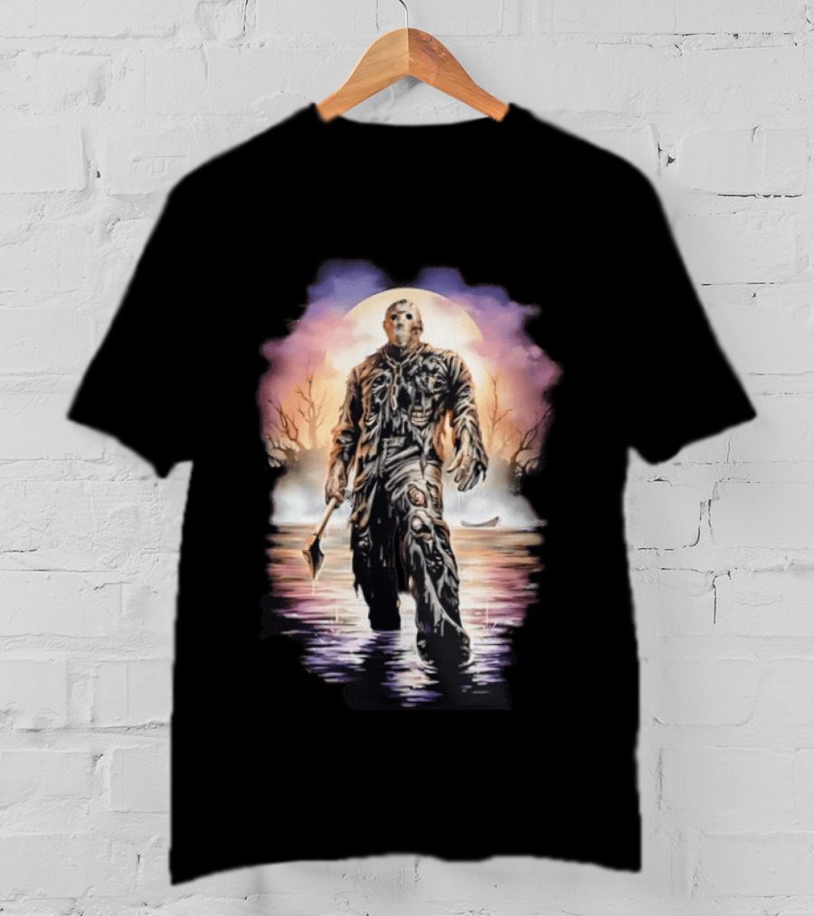 Friday The 13th Jason Voorhees Horror Halloween Mask Machete Lake Scene T-Shirt