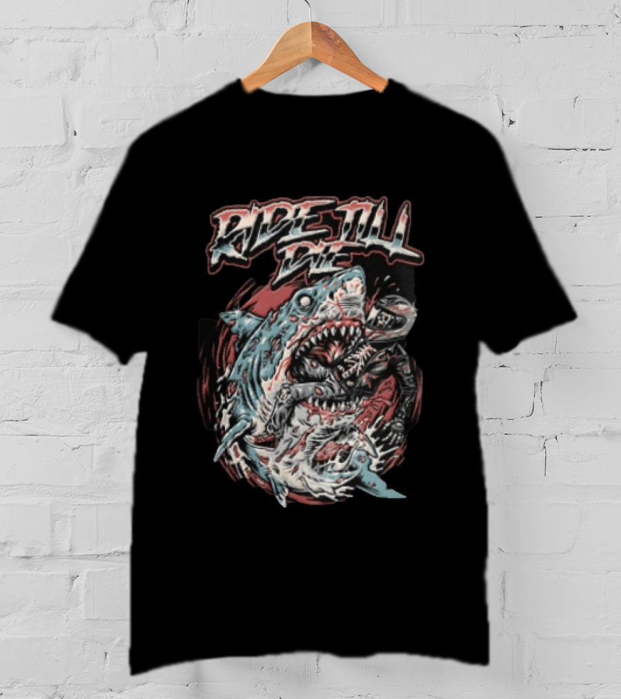 Ride Till Die Skeleton Biker Eaten By Shark T-Shirt