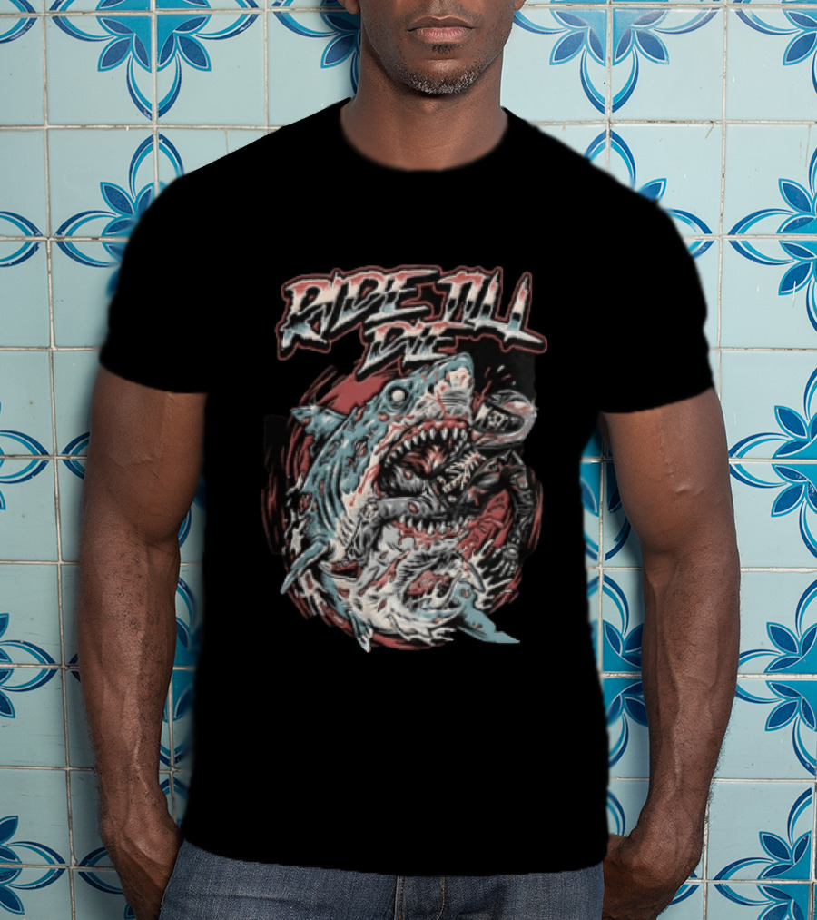 Ride Till Die Skeleton Biker Eaten By Shark T-Shirt