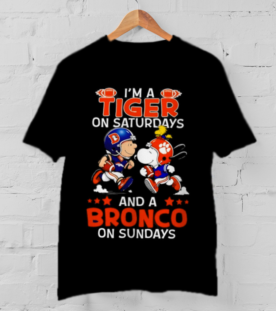 Snoopy And Charlie Brown I'm A Tiger On Saturdays And A Bronco On Sundays Football Fun T-Shirt