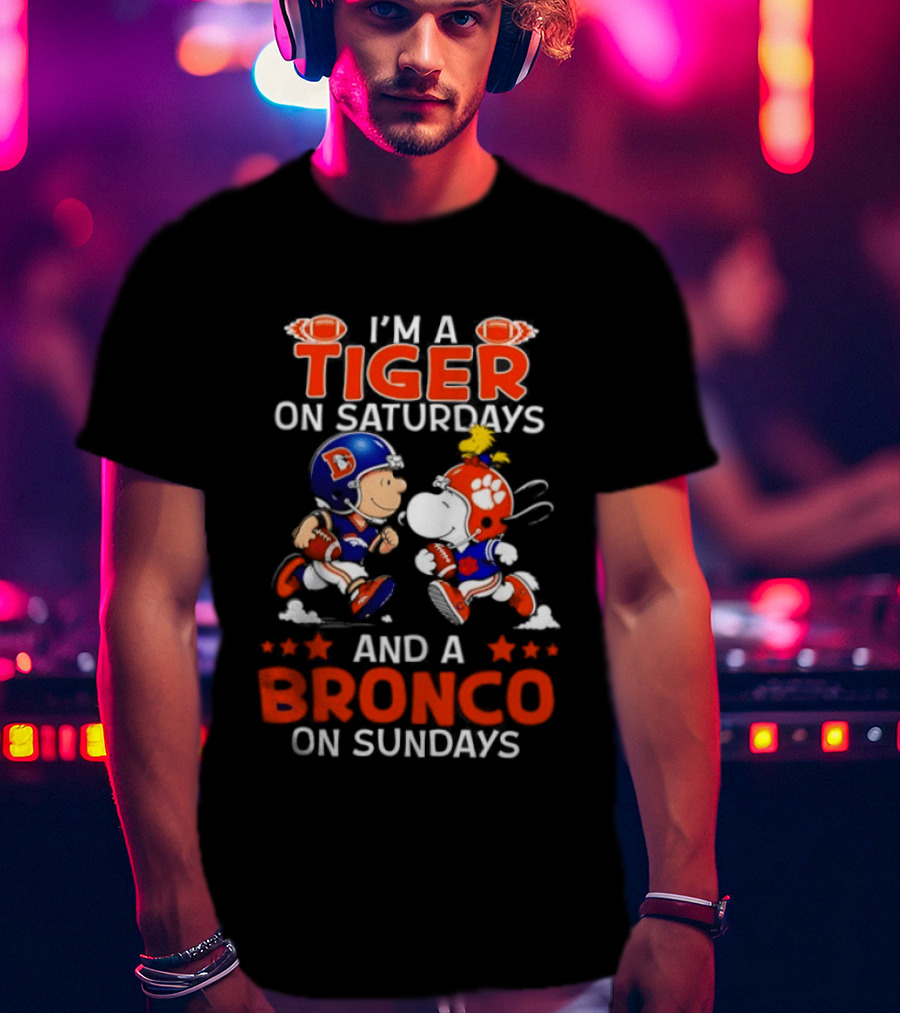 Snoopy And Charlie Brown I'm A Tiger On Saturdays And A Bronco On Sundays Football Fun T-Shirt