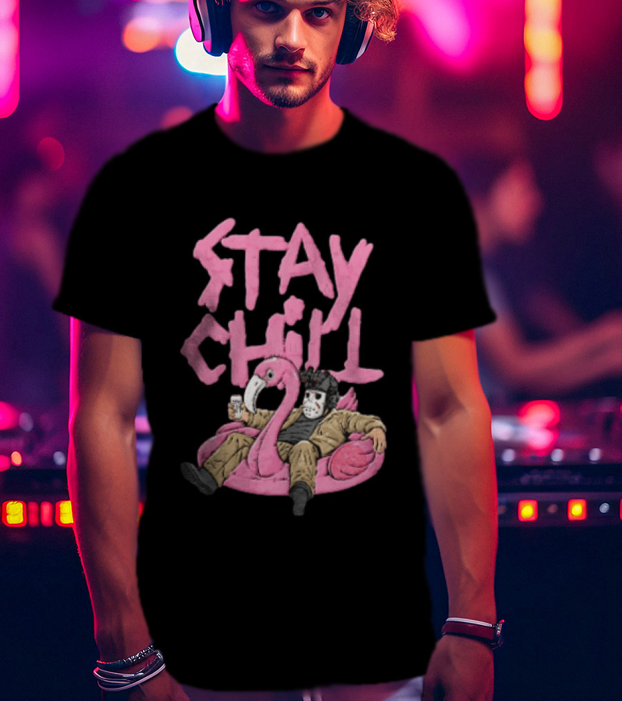 Stay Chill Jason Voorhees Energy Drink Pink Flamingo Float T-Shirt