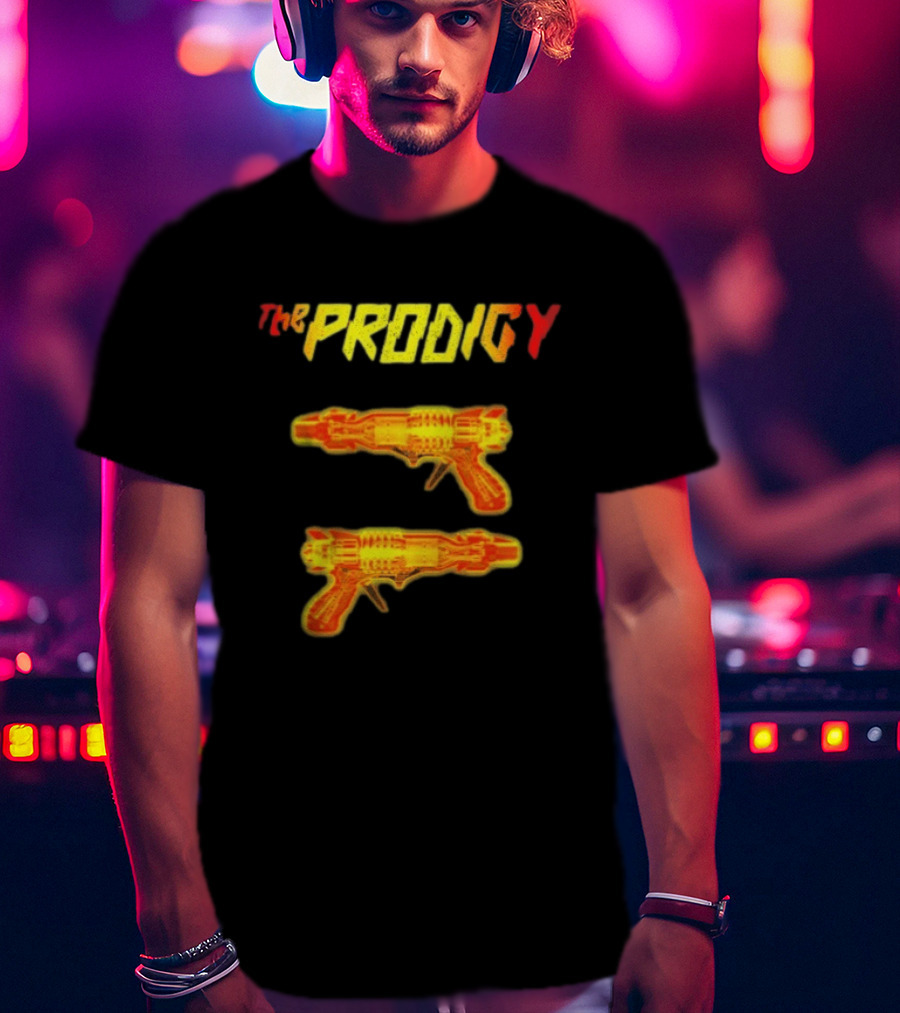 The Prodigy Rayguns Yellow And Red Bold Lettering With Dual Ray Guns T-Shirt