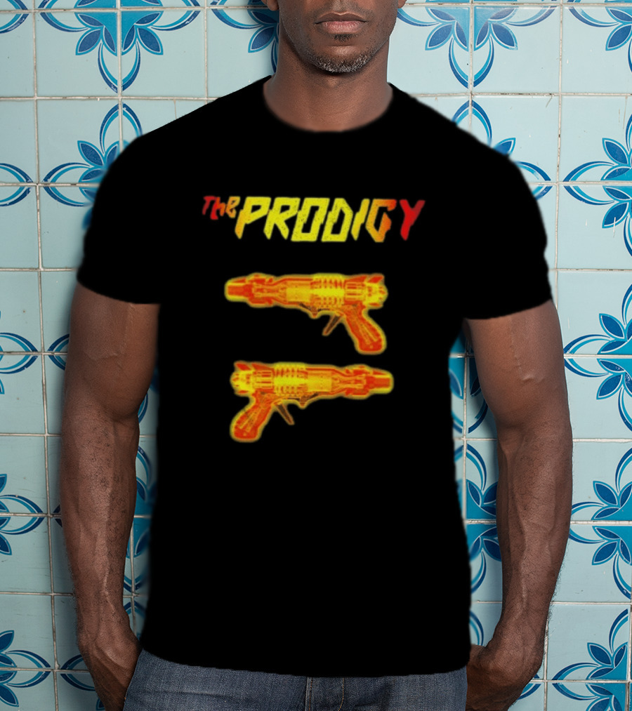 The Prodigy Rayguns Yellow And Red Bold Lettering With Dual Ray Guns T-Shirt