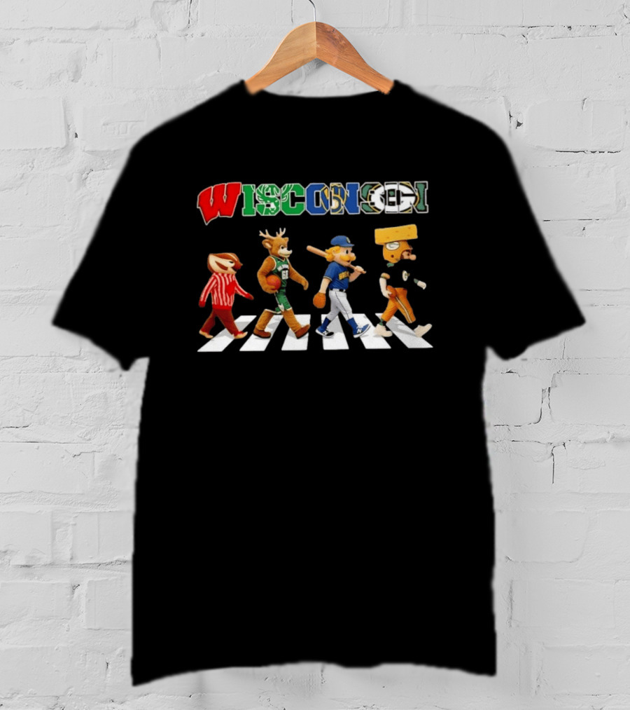 Wisconsin Sports Team Mascots Crossing Abbey Road Collage T-Shirt