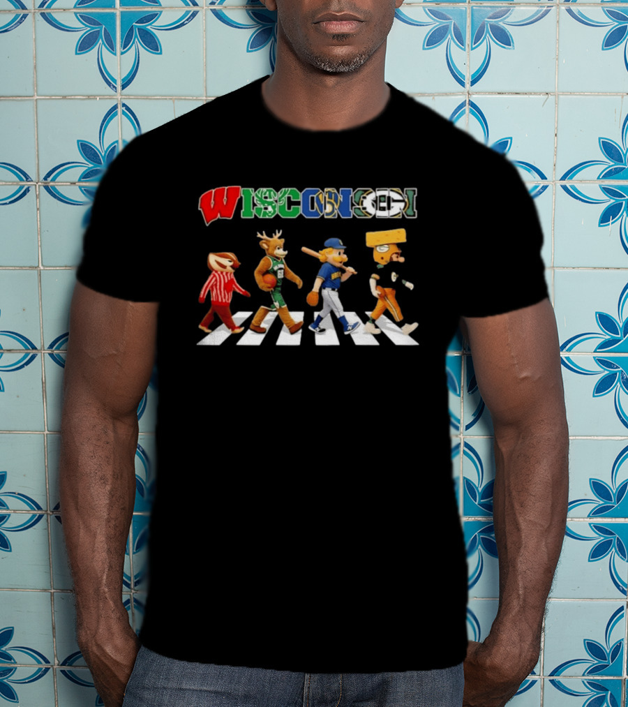 Wisconsin Sports Team Mascots Crossing Abbey Road Collage T-Shirt