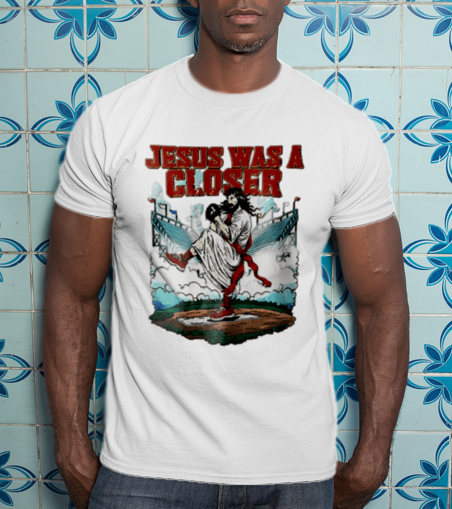 Jesus Was A Closer Baseball Pitcher Heavenly Stadium Scene T-Shirt