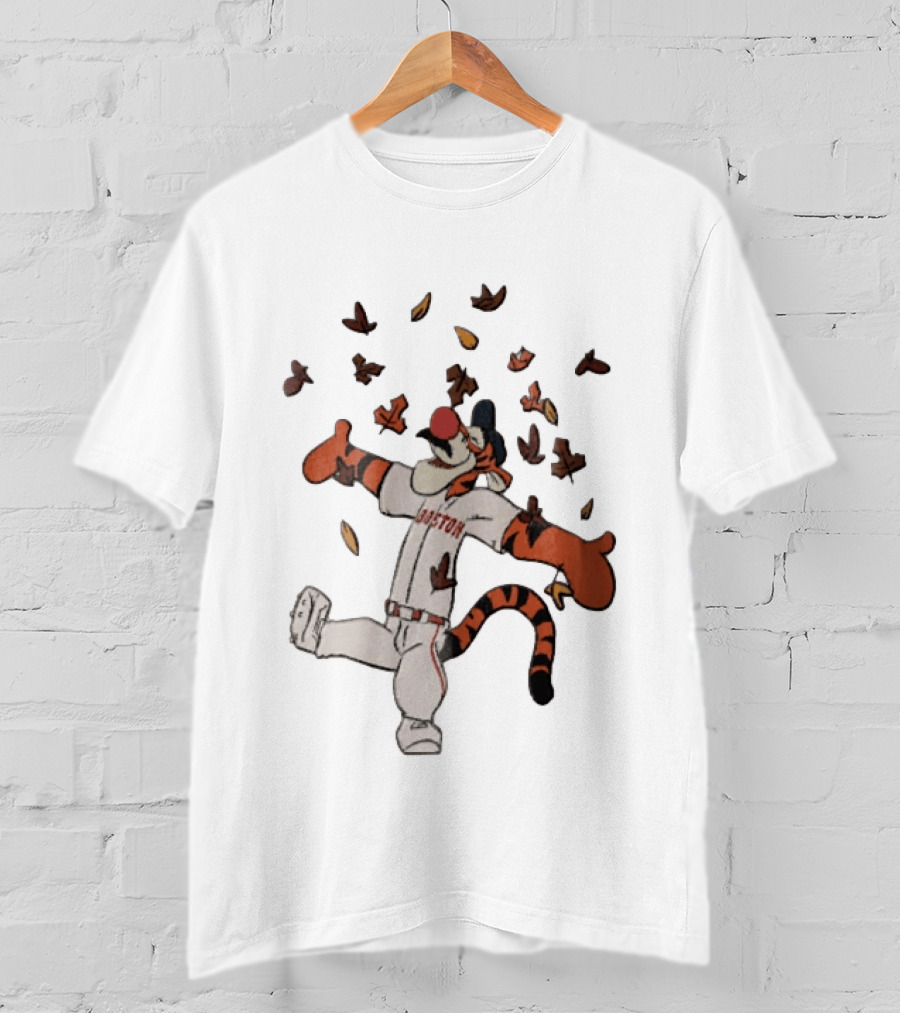 Tigger In Boston Baseball Uniform Enjoying Falling Leaves T-Shirt
