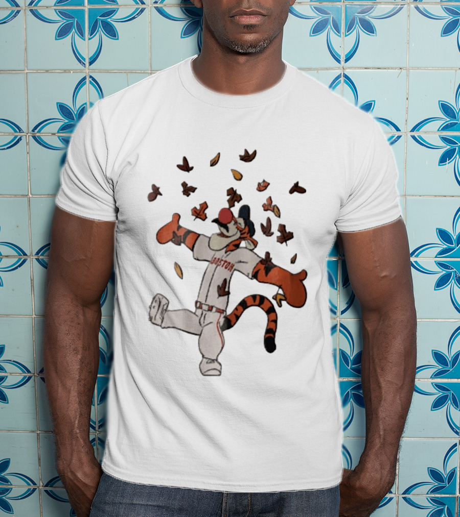 Tigger In Boston Baseball Uniform Enjoying Falling Leaves T-Shirt