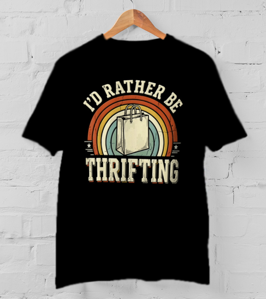 I'd Rather Be Thrifting Shopping Bag Retro Rainbow Stars T-Shirt