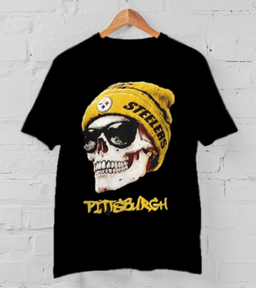 Pittsburgh Steelers Skull Yellow Beanie Sunglasses T-Shirt