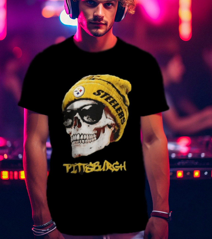 Pittsburgh Steelers Skull Yellow Beanie Sunglasses T-Shirt