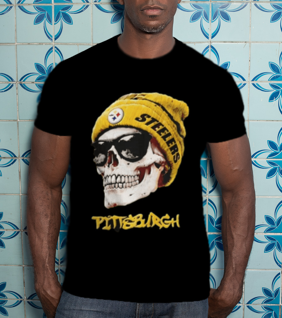Pittsburgh Steelers Skull Yellow Beanie Sunglasses T-Shirt