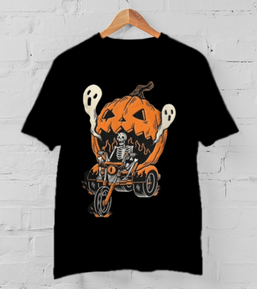 Skeleton Riding Tricycle Inside Giant Pumpkin With Ghosts Halloween T-Shirt