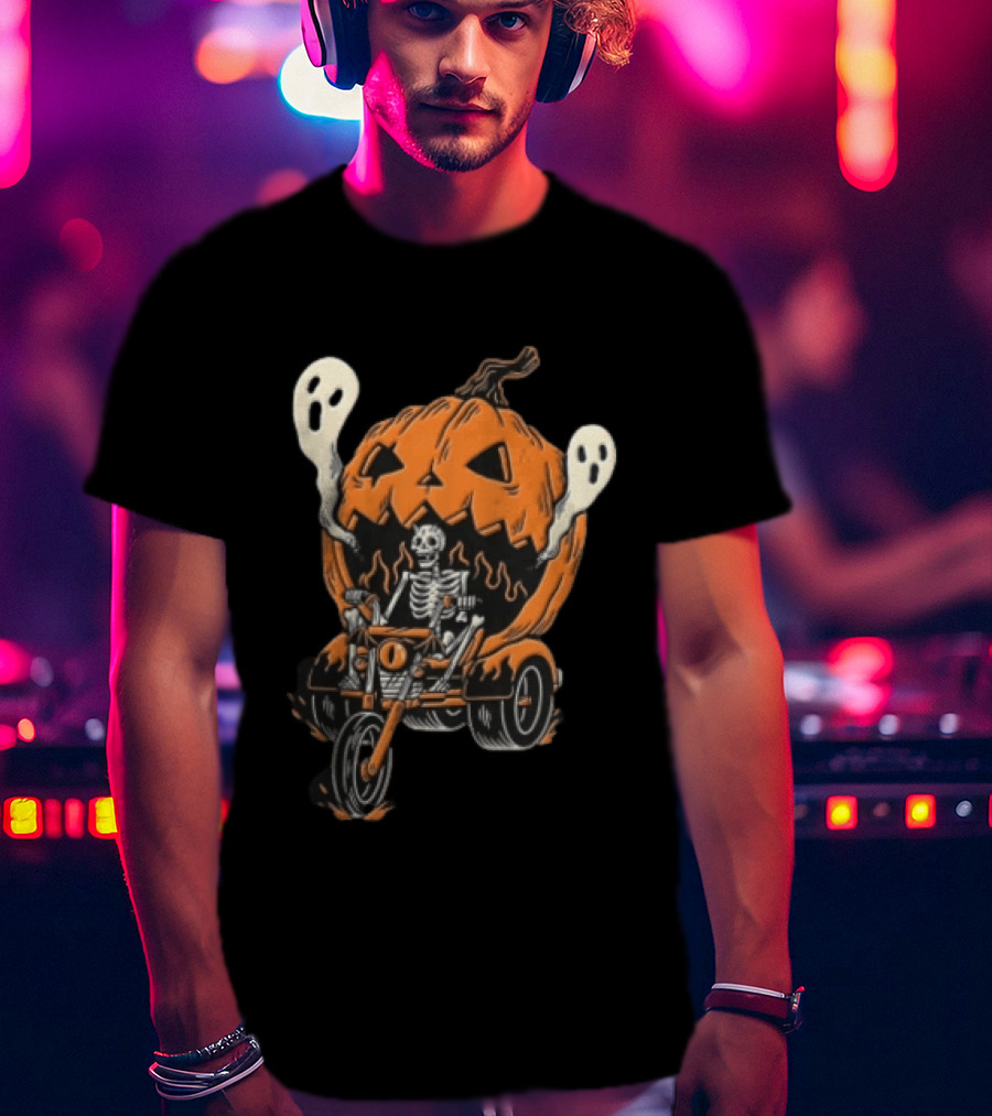 Skeleton Riding Tricycle Inside Giant Pumpkin With Ghosts Halloween T-Shirt