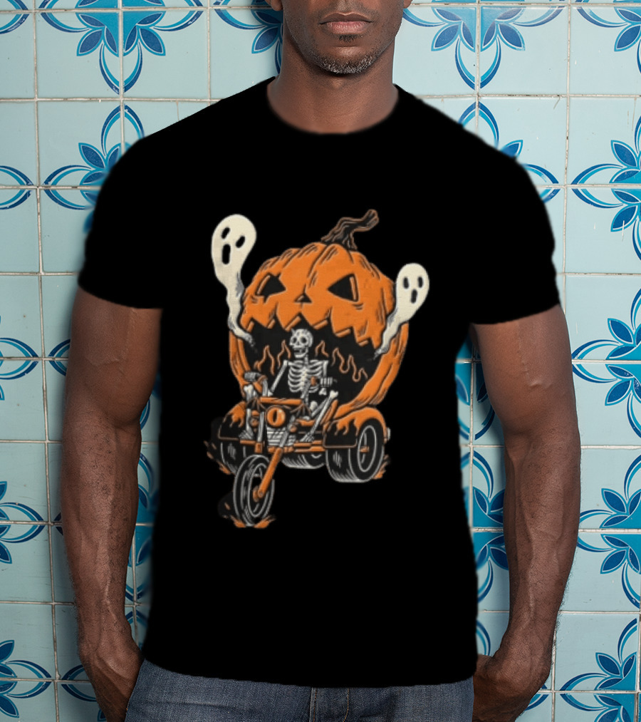 Skeleton Riding Tricycle Inside Giant Pumpkin With Ghosts Halloween T-Shirt