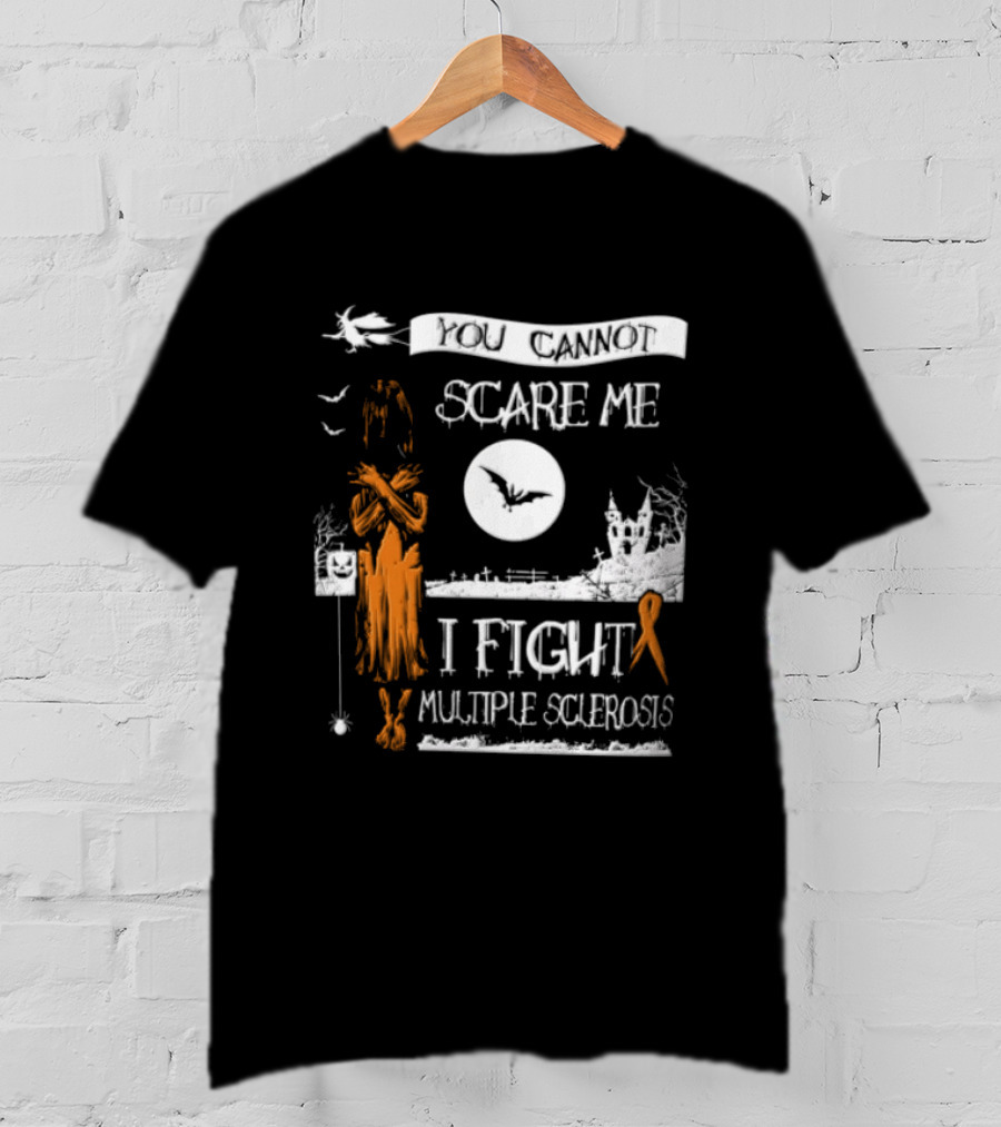 You Cannot Scare Me I Fight Multiple Sclerosis Halloween Witch Bats Moon Cemetery Ribbon T-Shirt