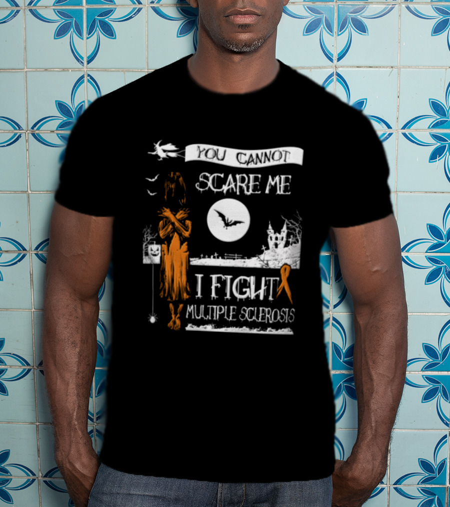 You Cannot Scare Me I Fight Multiple Sclerosis Halloween Witch Bats Moon Cemetery Ribbon T-Shirt