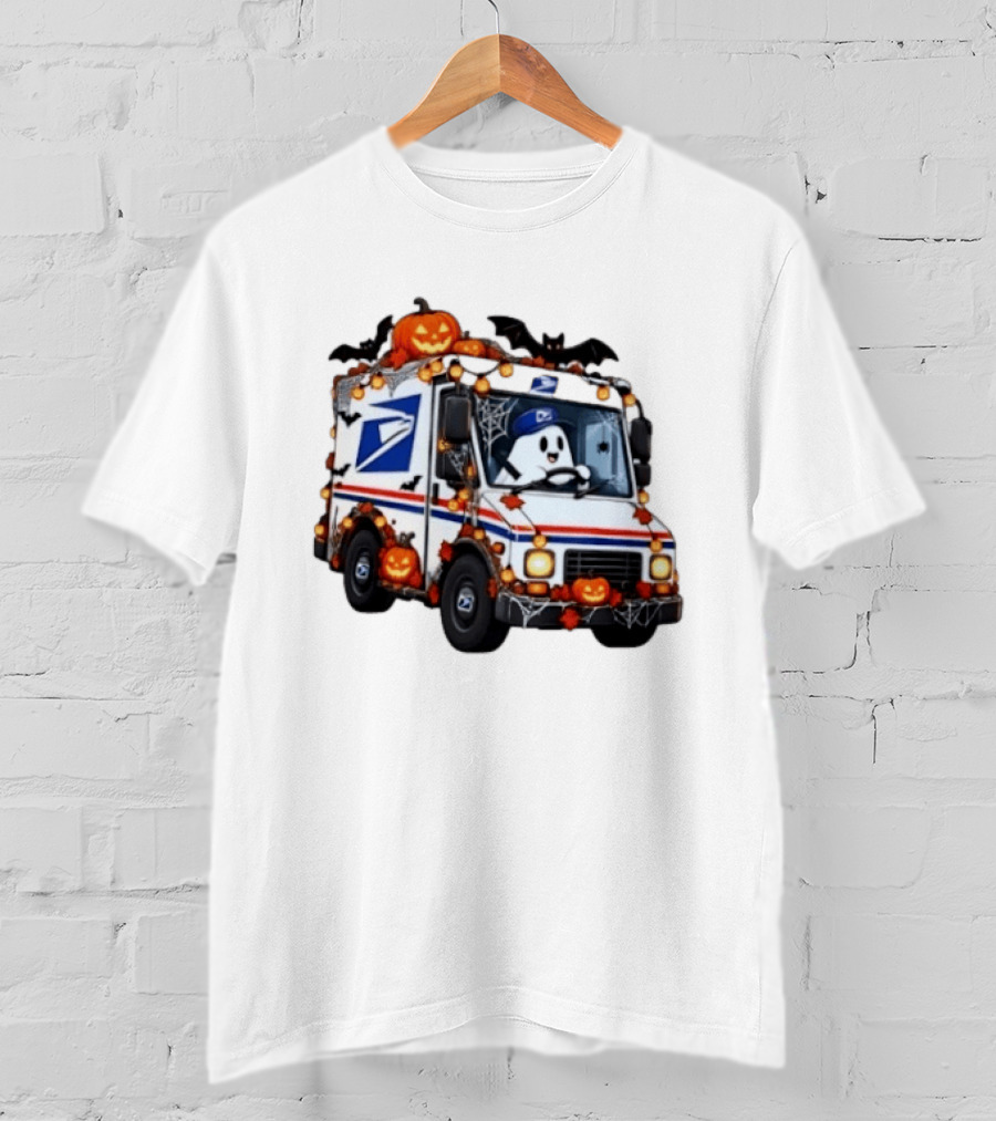 Halloween Ghost Driving USPS Mail Truck With Pumpkins And Bats T-Shirt