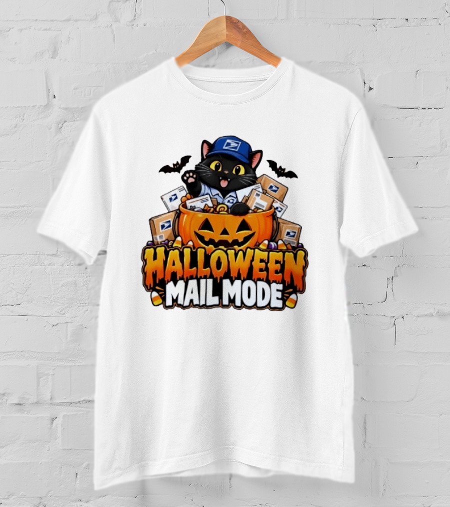 Halloween Mail Mode USPS Black Cat Pumpkin Postal Carrier T-Shirt
