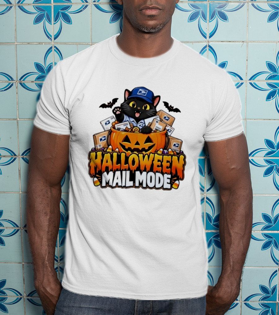 Halloween Mail Mode USPS Black Cat Pumpkin Postal Carrier T-Shirt