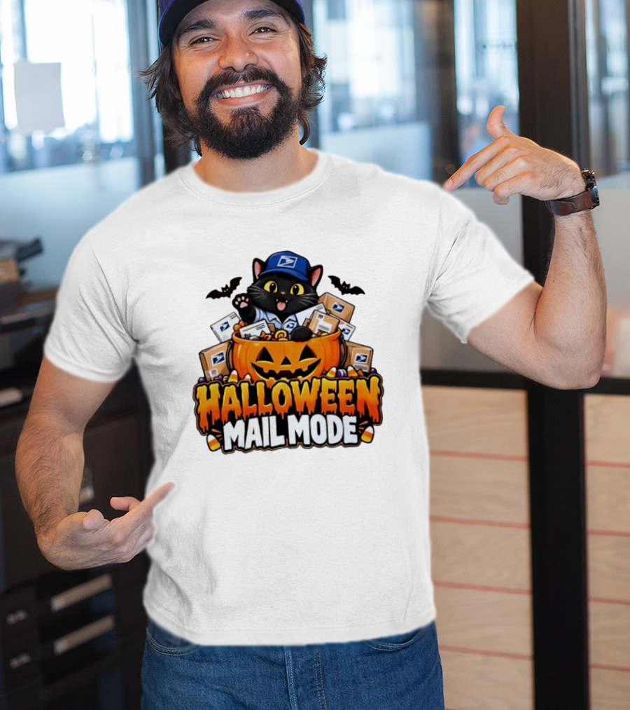 Halloween Mail Mode USPS Black Cat Pumpkin Postal Carrier T-Shirt