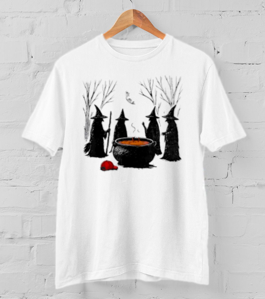 Witches Gathering Around Cauldron And Red Hat Halloween Scene T-Shirt