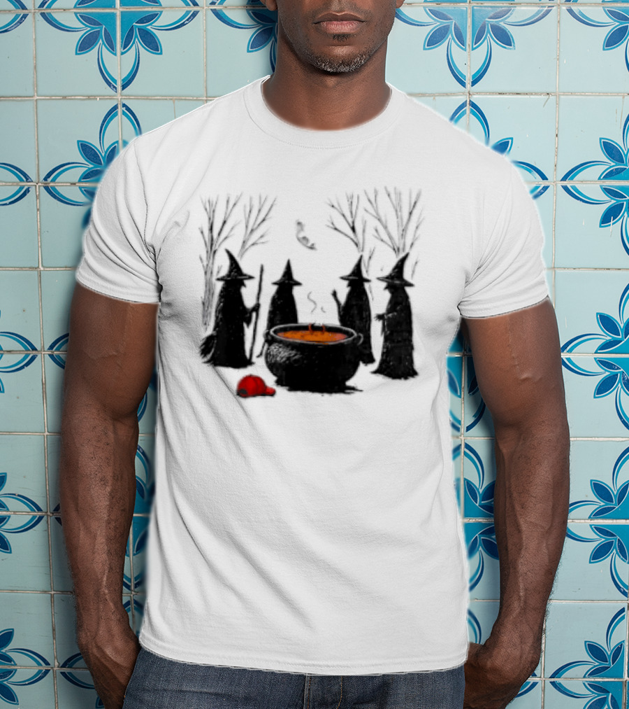 Witches Gathering Around Cauldron And Red Hat Halloween Scene T-Shirt