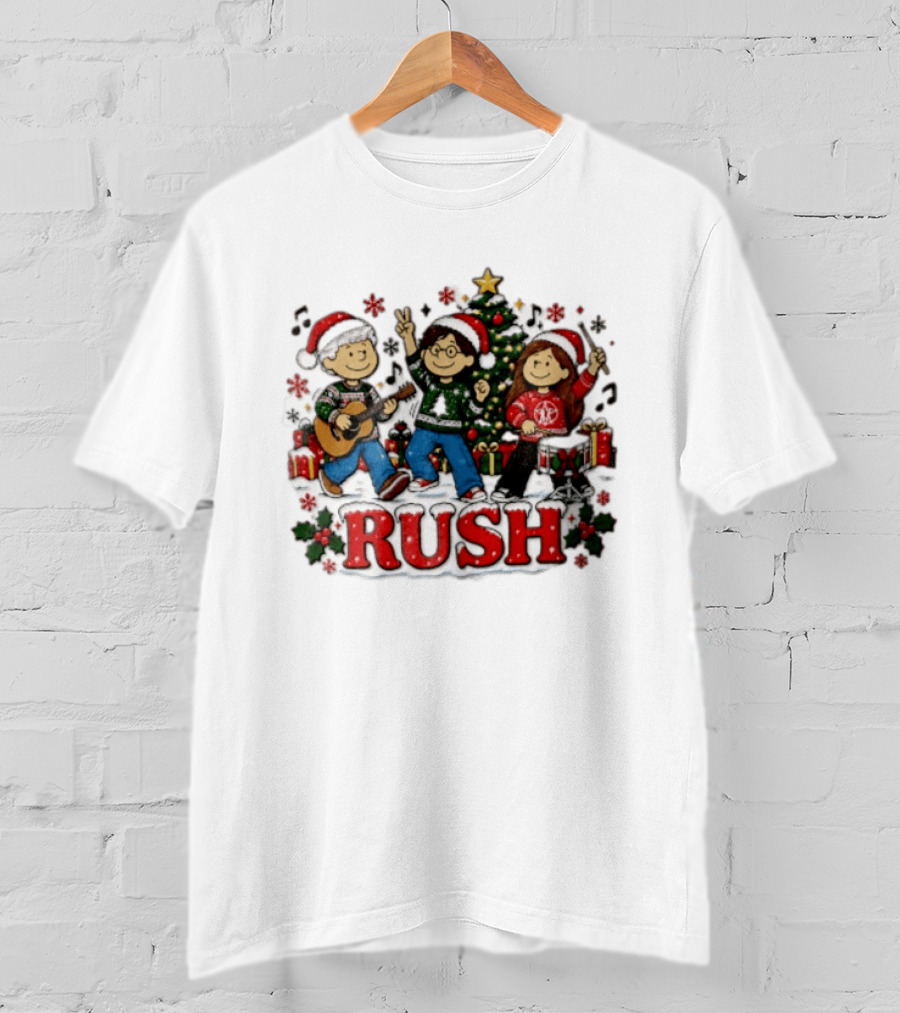 Rush Christmas Cartoon Characters Playing Instruments Festive Holiday Scene T-Shirt