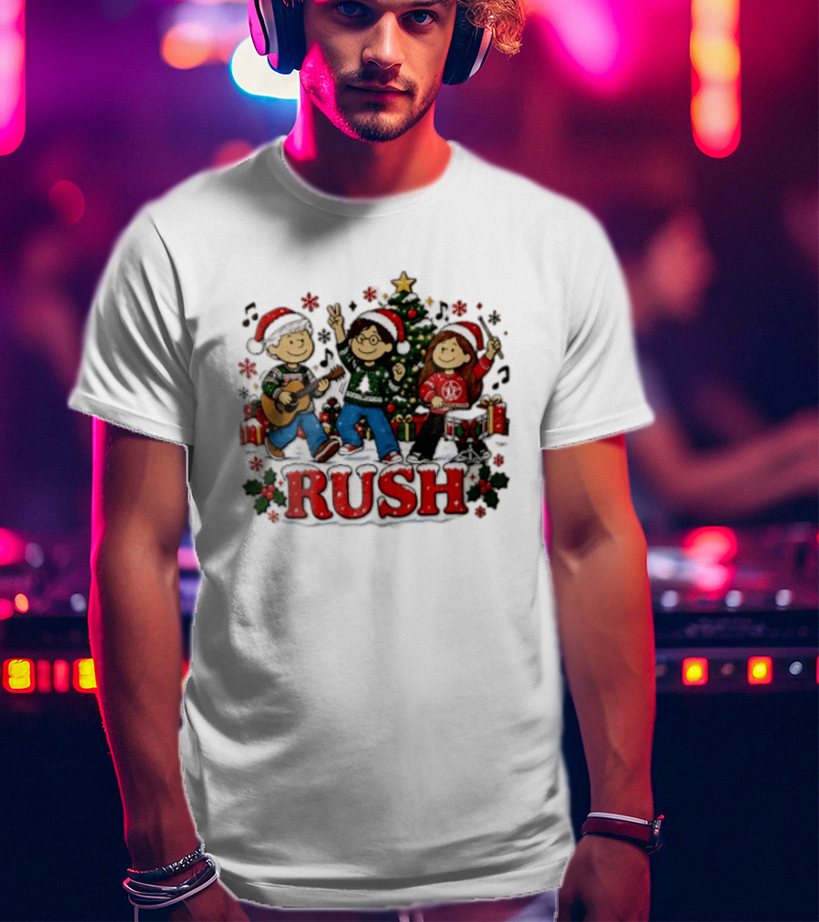 Rush Christmas Cartoon Characters Playing Instruments Festive Holiday Scene T-Shirt