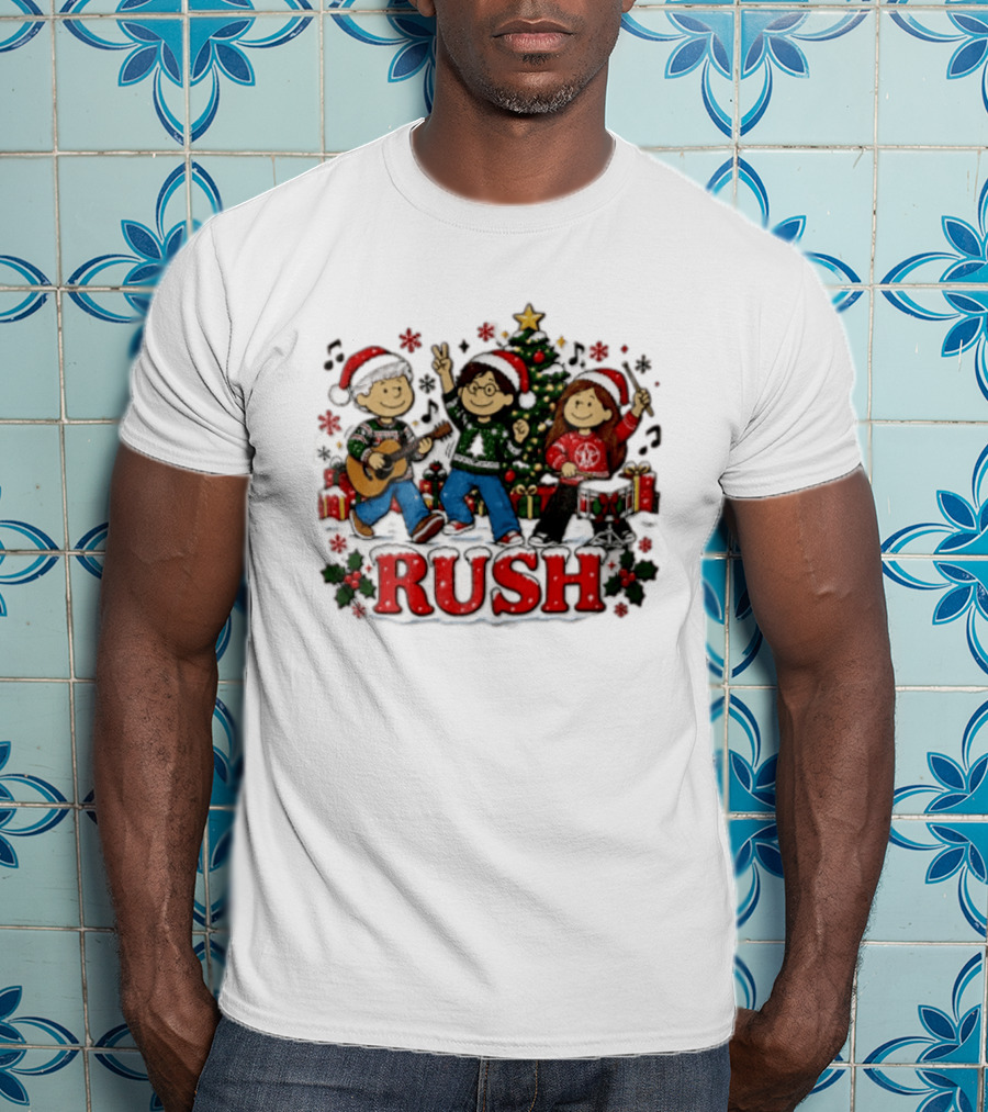 Rush Christmas Cartoon Characters Playing Instruments Festive Holiday Scene T-Shirt