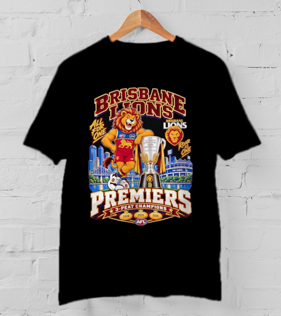 Brisbane Lions 2026 AFL Premiers 3 Peat Champions Roar As One T-Shirt