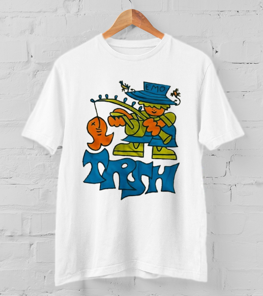 Emo Trsh Cartoon Fisherman Catching Orange Fish Wearing Blue And Green Outfit T-Shirt