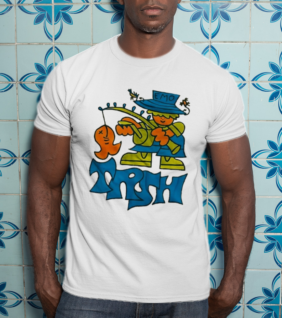 Emo Trsh Cartoon Fisherman Catching Orange Fish Wearing Blue And Green Outfit T-Shirt
